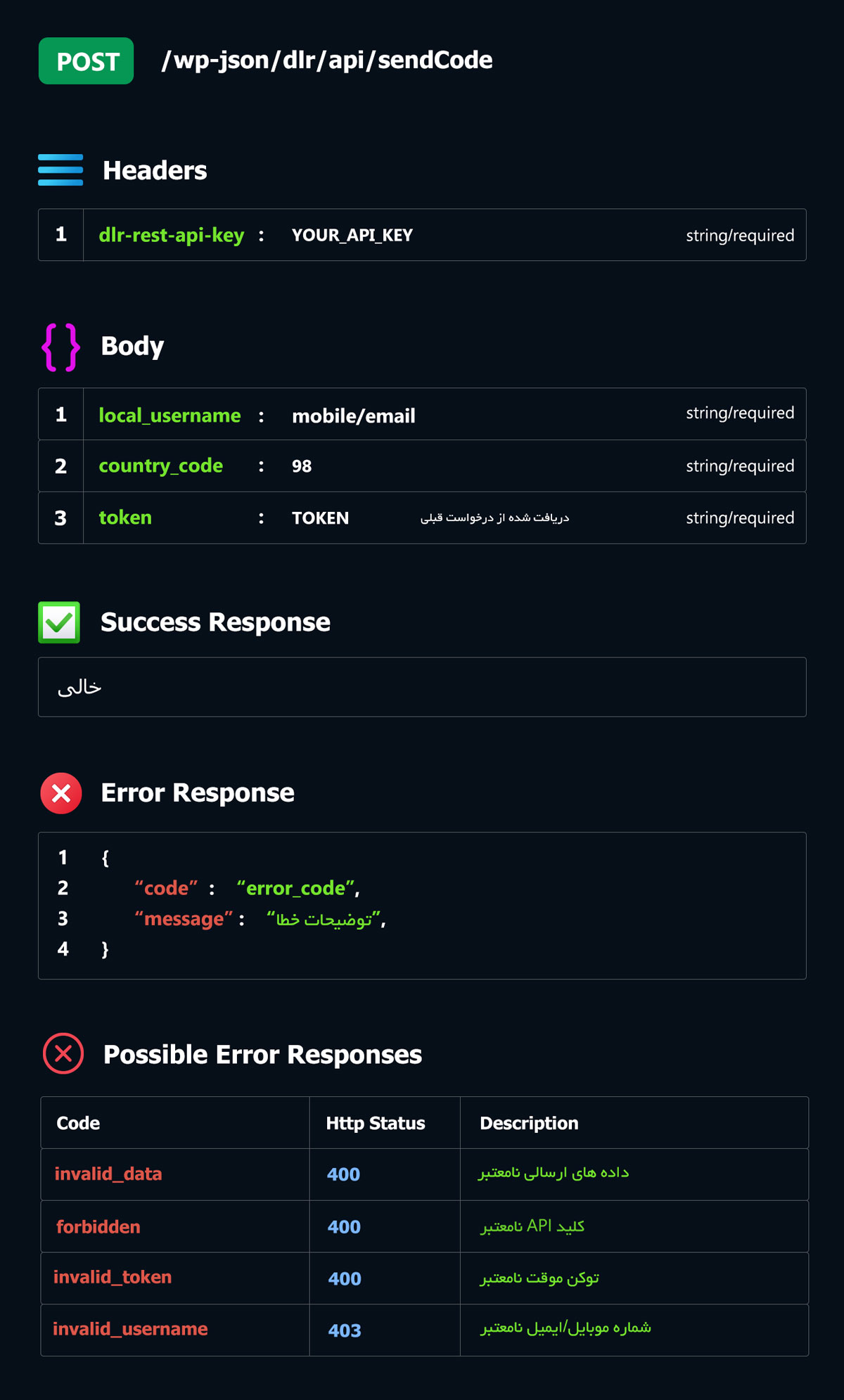 ارسال کد تایید به Rest API موبیتس